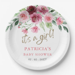 Plato De Papel Es un chica Baby Shower floral rosa moderno