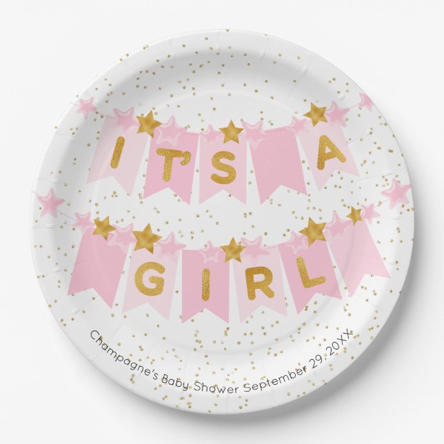 Plato De Papel Es un Chica de banderas de Bunting Baby Shower (Anverso)