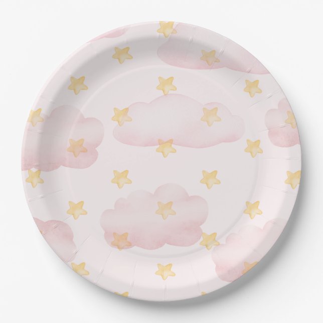 Plato De Papel es un chica de nubes rosadas baby ducha fiesta (Anverso)