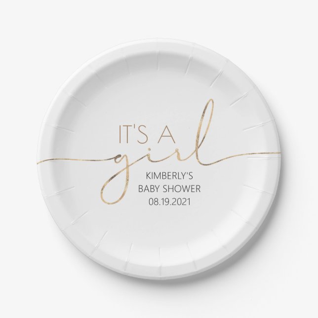 Plato De Papel Es un Chica Faux Gold Script Baby Shower Modern (Anverso)