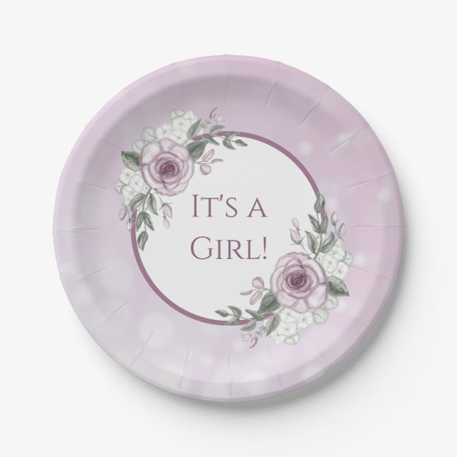 Plato De Papel Es un Chica, Mauve Rosas Baby Shower (Anverso)