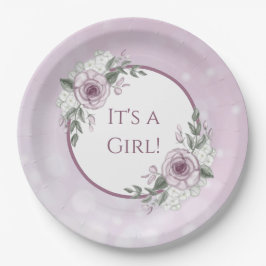 Plato De Papel Es un Chica, Mauve Rosas Baby Shower