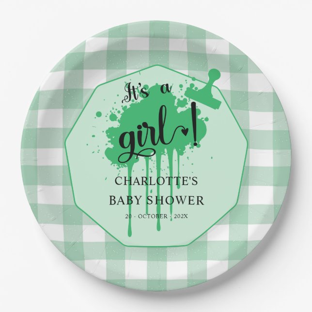 Plato De Papel Es un Chica Pastel Green Gingham Baby Shower (Anverso)