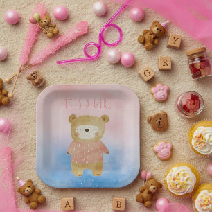 Plato De Papel Es un Chica pastel lindo Bear rosa Baby Shower