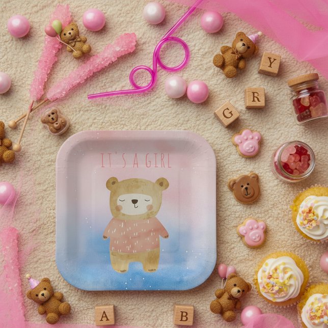 Plato De Papel Es un Chica pastel lindo Bear rosa Baby Shower (It’s a Girl pastel cute Bear Pink Baby Shower Paper Plates.)