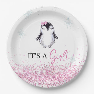 Plato De Papel Es un Chica Penguin Winter Baby Shower