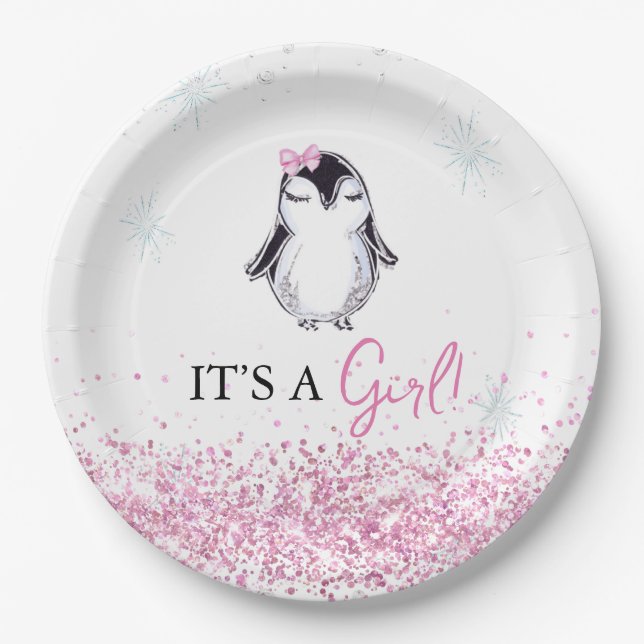 Plato De Papel Es un Chica Penguin Winter Baby Shower (Anverso)
