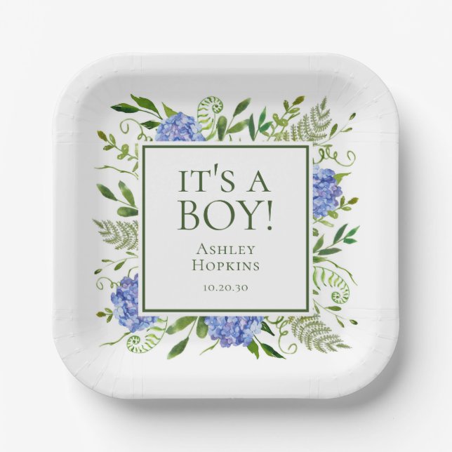 Plato De Papel Es un chico azul Hydrangeas Boy Baby Shower (Anverso)