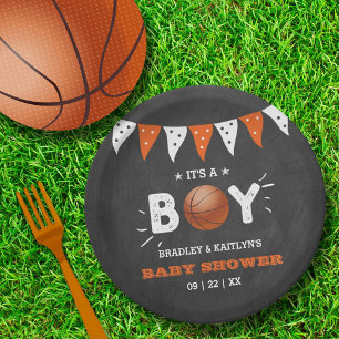 Plato De Papel ¡Es un chico! Baby Shower con temas de baloncesto