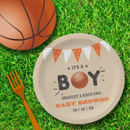 Plato De Papel ¡Es un chico! Baby Shower con temas de baloncesto