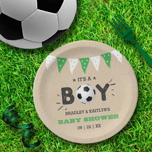 Plato De Papel ¡Es un chico! Baby Shower con temas de fútbol