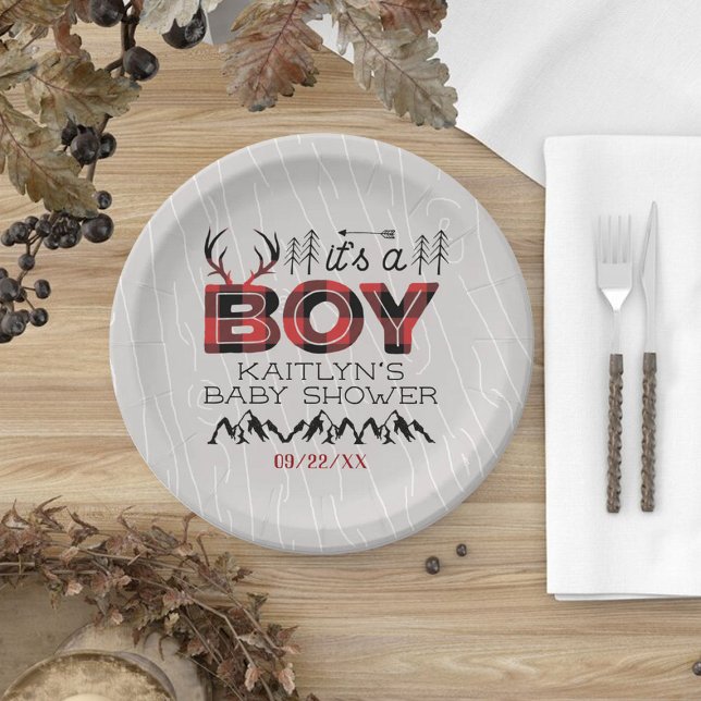 Plato De Papel ¡Es un chico! Rustic Plaid Lumberjack Baby Shower (Subido por el creador)