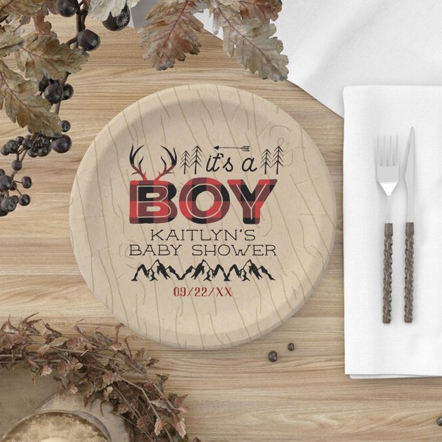 Plato De Papel ¡Es un chico! Rustic Plaid Lumberjack Baby Shower (Subido por el creador)
