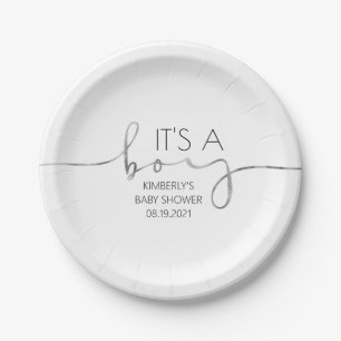 Plato De Papel Es un chico Silver Script Baby Shower Modern