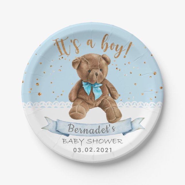 Plato De Papel ¡Es un chico! Teddy Bear Baby Shower (Anverso)