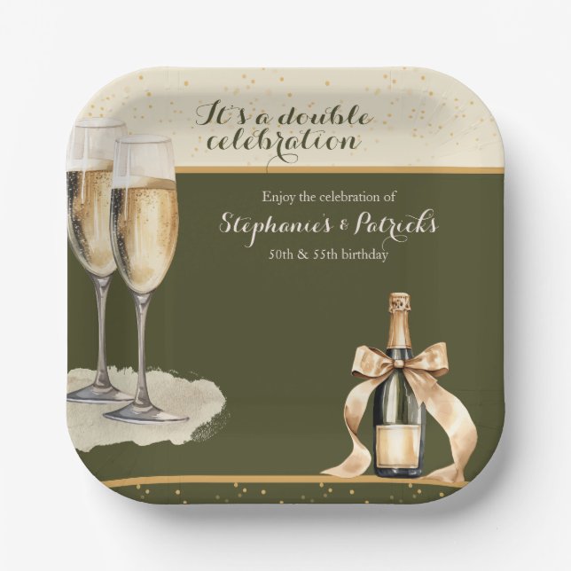 Plato De Papel Es un Cumpleaños de Champán Verde de Doble Celebra (Anverso)