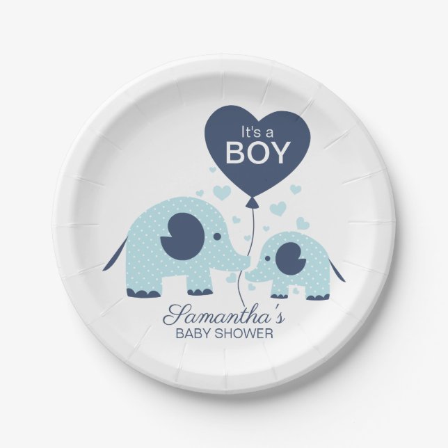 Plato De Papel Es un joven y encantador elefante azul Baby Shower (Anverso)