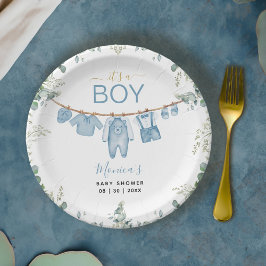 Plato De Papel Es un niño Baby Shower azul boho ropa verde