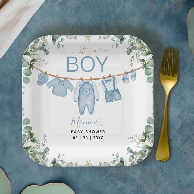 Plato De Papel Es un niño Baby Shower azul boho ropa verde (It’s a Boy Blue Boho Clothes Greenery Baby Shower Paper Plates)