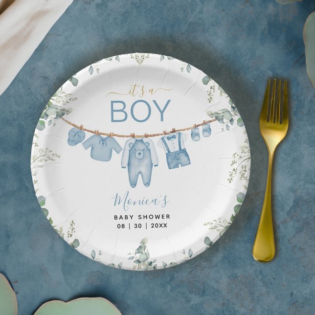 Plato De Papel Es un niño Baby Shower azul boho ropa verde (It’s a Boy Blue Boho Clothes Greenery Baby Shower Paper Plates)