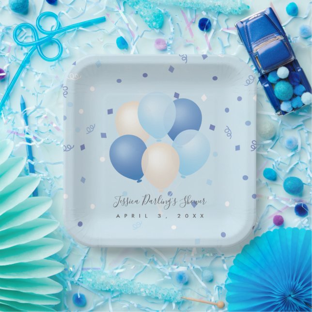 Plato De Papel Es un niño Baby Shower Blue Balloons & Confetti (Fiesta)