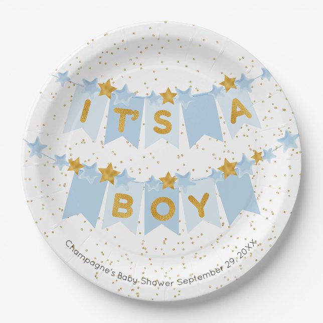 Plato De Papel Es un niño Baby Shower de banderas de Bunting Blue (Anverso)