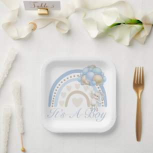 Plato De Papel Es un niño Blue Pastel Rainbow Baby Shower