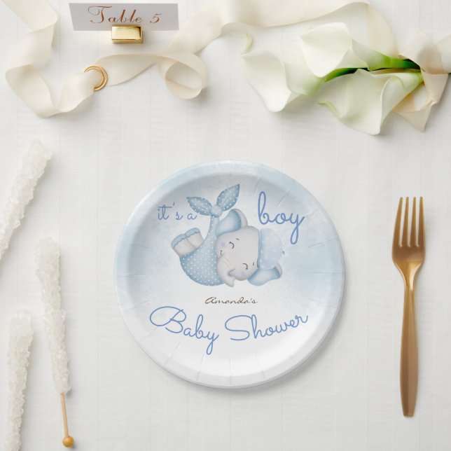 Plato De Papel Es un niño elefante bebé ducha azul (Boda)