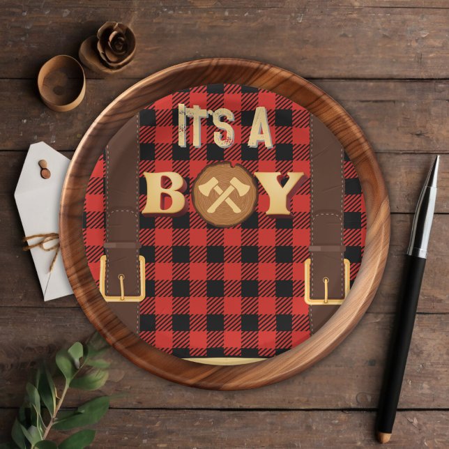 Plato De Papel Es un niño Rustic Lumberjack Flannel Baby Shower I (Subido por el creador)