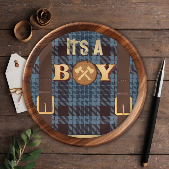 Plato De Papel Es un niño Rustic Lumberjack Flannel Baby Shower I (Subido por el creador)