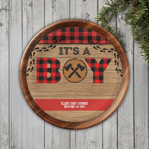 Plato De Papel Es un niño Rustic Wood Plaid Baby Shower