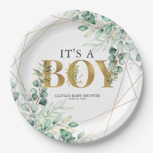 Plato De Papel Es un niño verde Eucalyptus Gold Baby Shower