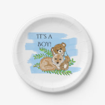 Es un papel de Baby Shower de Boy, Fox y Teddy Bea