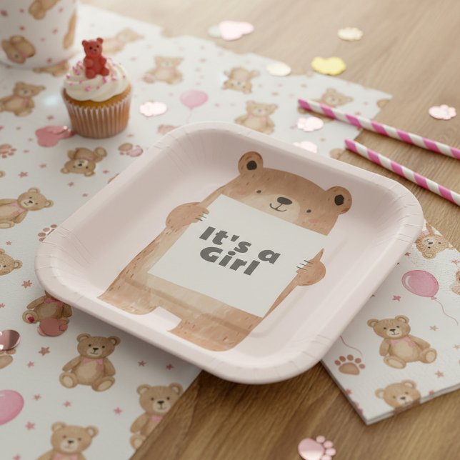 Plato De Papel Es un rosa Baby Shower de oso Chica (It’s a Girl Bear Baby Shower pink Paper Plates)
