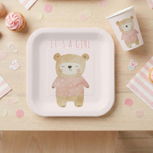 Plato De Papel Es una Chica acuarela linda Baby Shower rosa oso