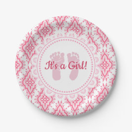 Plato De Papel Es una Chica de placas Baby Shower Lacey rosa y bl