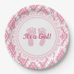 Plato De Papel Es una Chica de placas Baby Shower Lacey rosa y bl