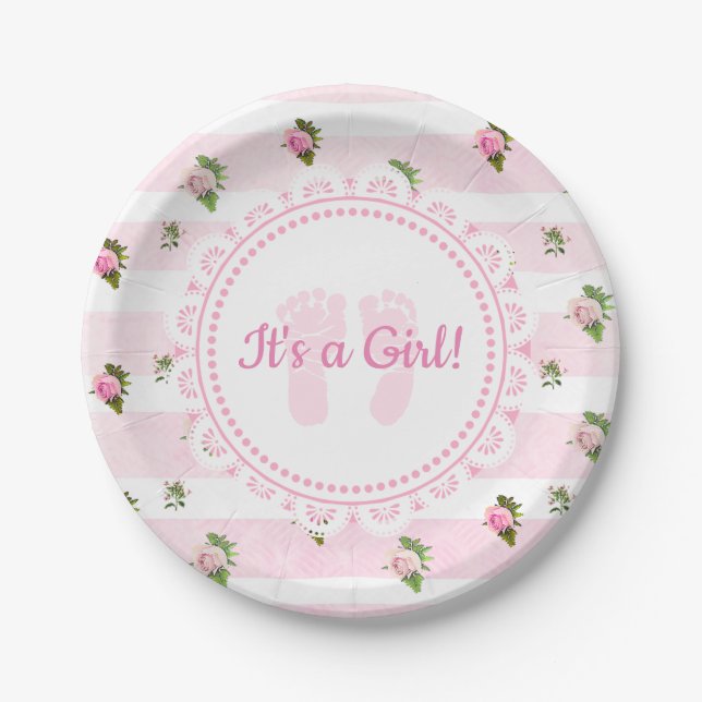 Plato De Papel Es una Chica de placas Baby Shower Lacey rosa y bl (Anverso)