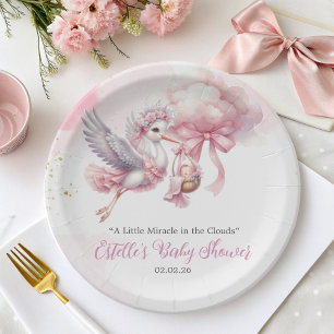 Plato De Papel Es una ducha de bebé de niña Cigüeña y Nube Rosa