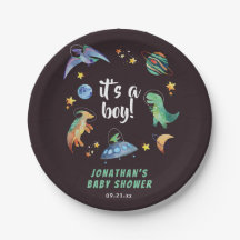 Es una fiesta de baby shower de galaxia de dinosau