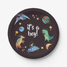 Es una fiesta de baby shower de galaxia de dinosau