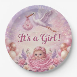 Plato De Papel Es una niña Pink Stork Baby Shower