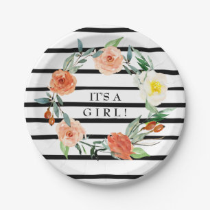 Plato De Papel Es una placa Baby Shower Floral y Stripes Chica