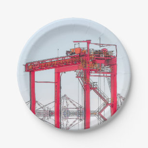 Plato De Papel Esbozo de Port Crane en el puerto industrial