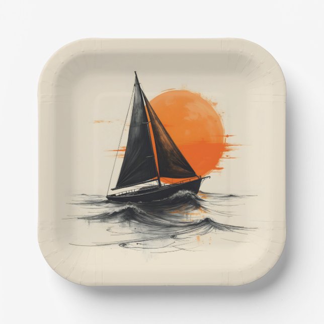 Plato De Papel Esbozo De Silhouette Sailboat Con Sol Naranja (Anverso)