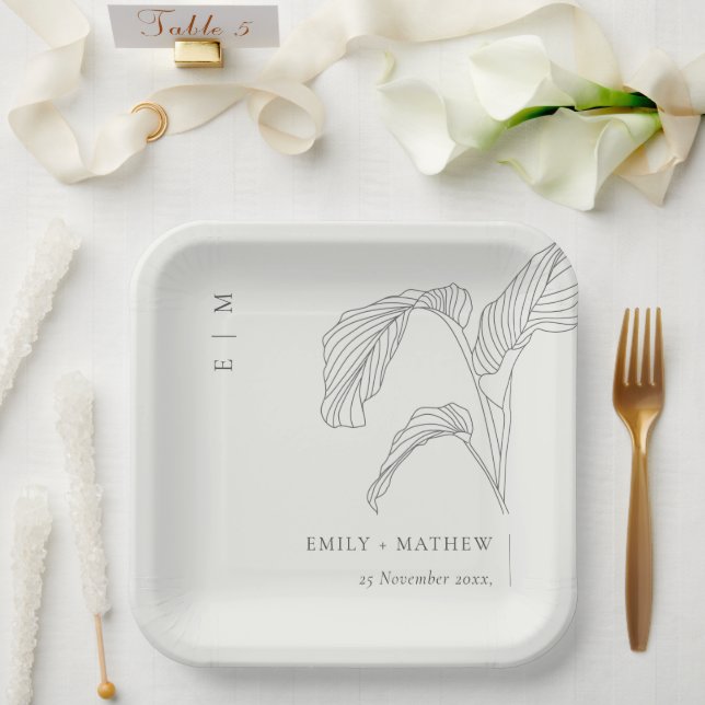 Plato De Papel Esbozo mínimo de la palma de leafy Boda blanco neg (Boda)