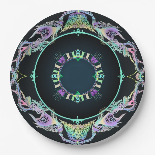 Plato De Papel Esbozo oceánico en neón sobre negro (Anverso)