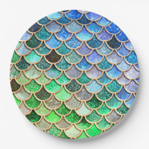 Plato De Papel Escalas brillantes azulverdes de la sirena del