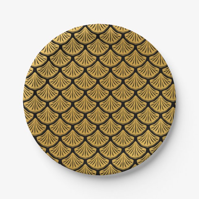 Plato De Papel Escalas de sirenas Art Deco - Negro y oro (Anverso)
