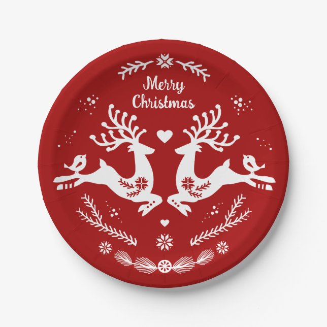 Plato De Papel Escándalo festivo lindo Navidad blanco rojo venado (Anverso)